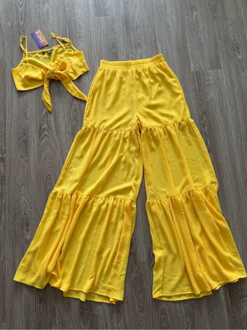 SHEIN Bright Yellow Tiered Wide-Leg Pants Set
